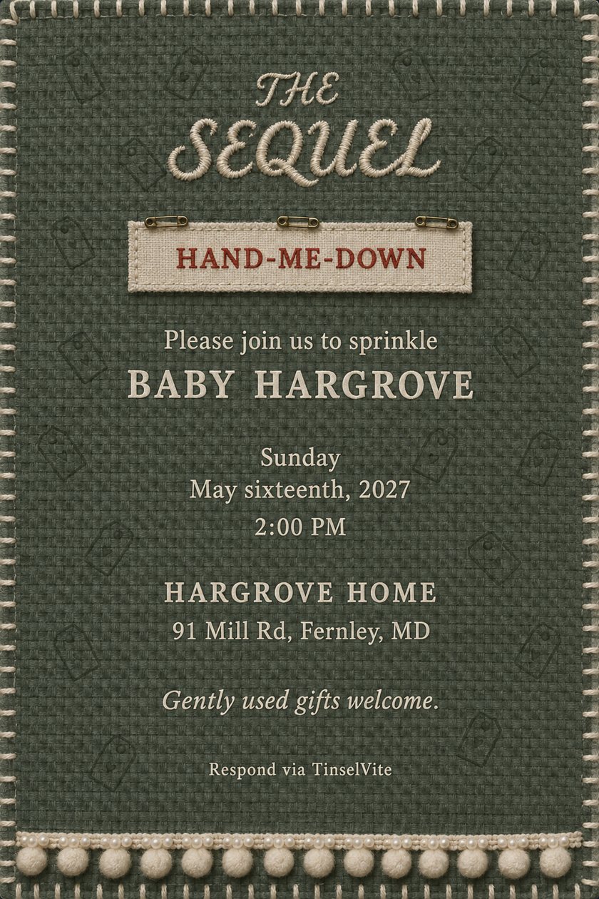 Baby shower invitation: Sage waffle-weave card with cream blanket-stitch edging: embroidered script THE SEQUEL, a pinned cream tape reading HAND-ME-DOWN, BABY HARGROVE in slab capitals, date and venue below, pom-pom trim.