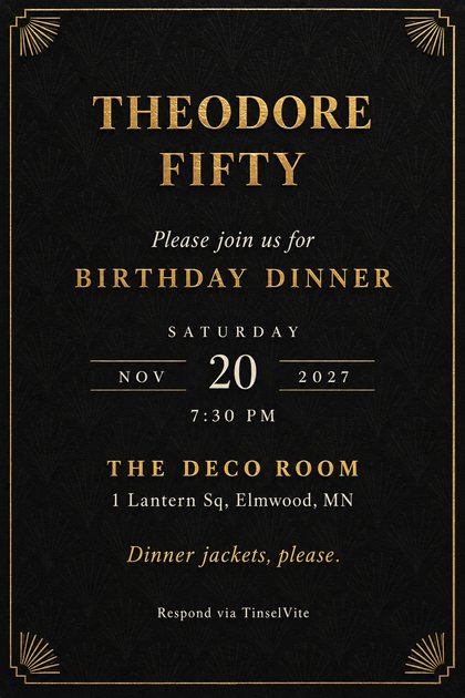 Black canvas birthday invitation with a gold hairline frame, sunburst corners and THEODORE FIFTY in large gold capitals, with the date and venue below.