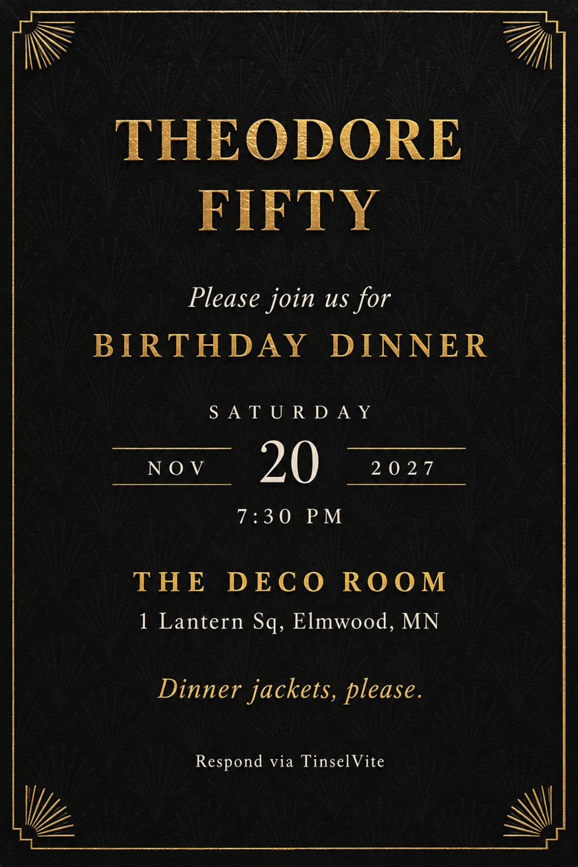 Black canvas birthday invitation with a gold hairline frame, sunburst corners and THEODORE FIFTY in large gold capitals, with the date and venue below.