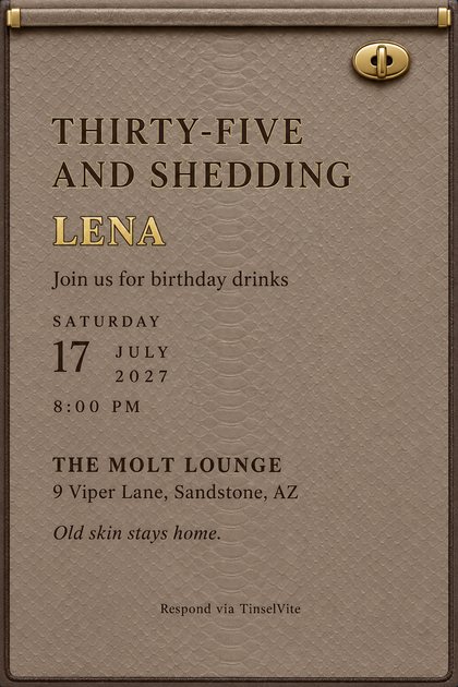 Taupe python-embossed leather card with a gold turn-lock clasp and a rolled bar at the top. Dark serif capitals read THIRTY-FIVE AND SHEDDING above gold LENA, then date and venue.