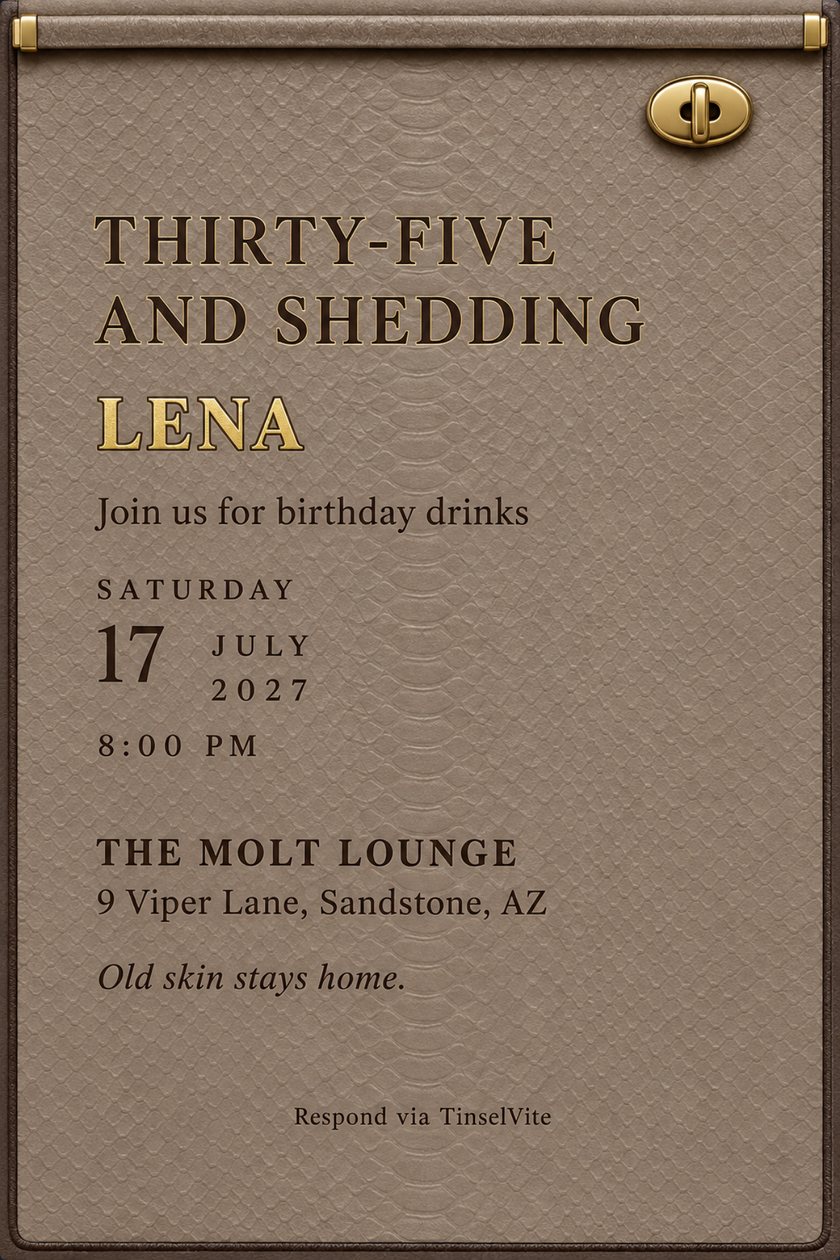 Birthday invitation: Taupe python-embossed leather card with a gold turn-lock clasp and a rolled bar at the top. Dark serif capitals read THIRTY-FIVE AND SHEDDING above gold LENA, then date and venue.