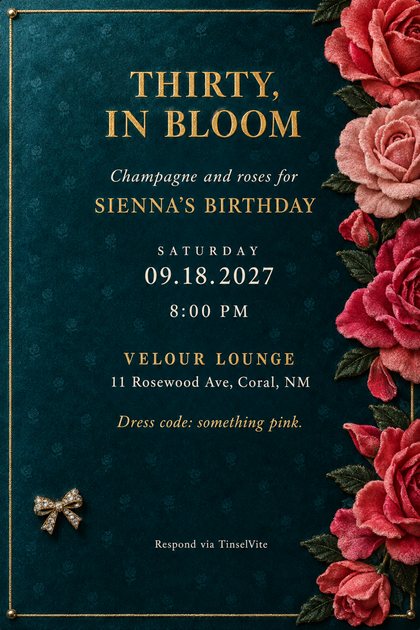 Birthday invitation on deep teal velvet with a gold border, coral and pink velvet roses down the right edge, a crystal bow brooch, and Thirty, In Bloom in gold capitals.