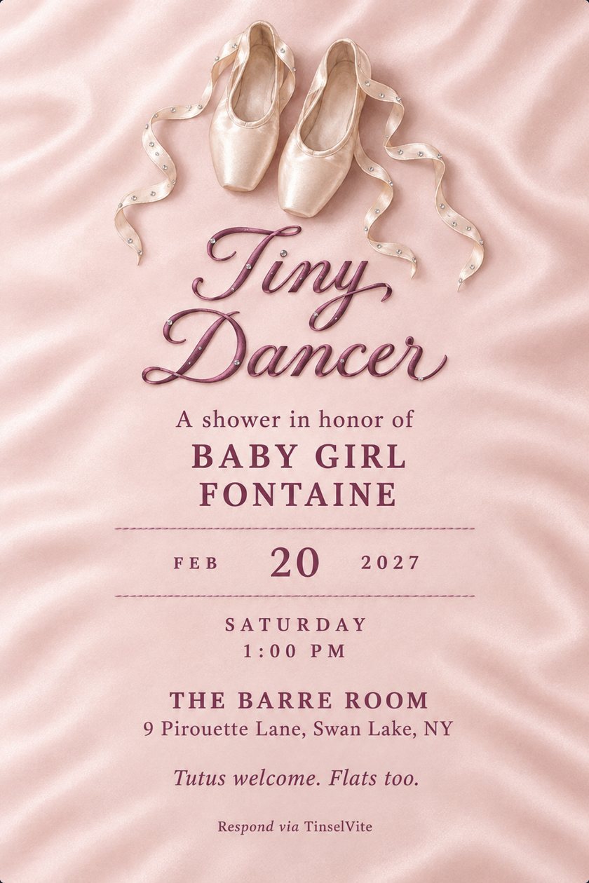 Blush satin background with ivory pointe shoes and rhinestone ribbons at the top. Deep mauve script reads Tiny Dancer above A shower in honor of BABY GIRL FONTAINE, with the date and venue below.