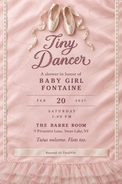 Blush satin card. Ivory pointe shoes with trailing ribbons at the top, "Tiny Dancer" in mauve script, "Baby Girl Fontaine" below with the date and venue, and a tulle ruffle across the bottom.