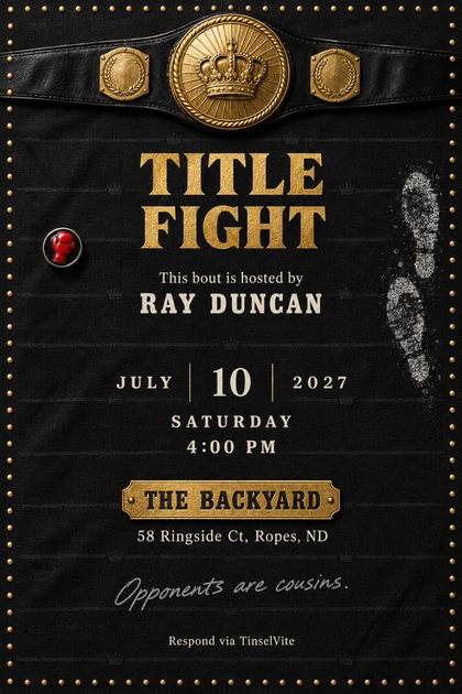Black canvas card edged in gold studs, a championship belt with a crown crest across the top, a red glove pin and white footprints. Gold capitals read TITLE FIGHT, with the date and venue below.