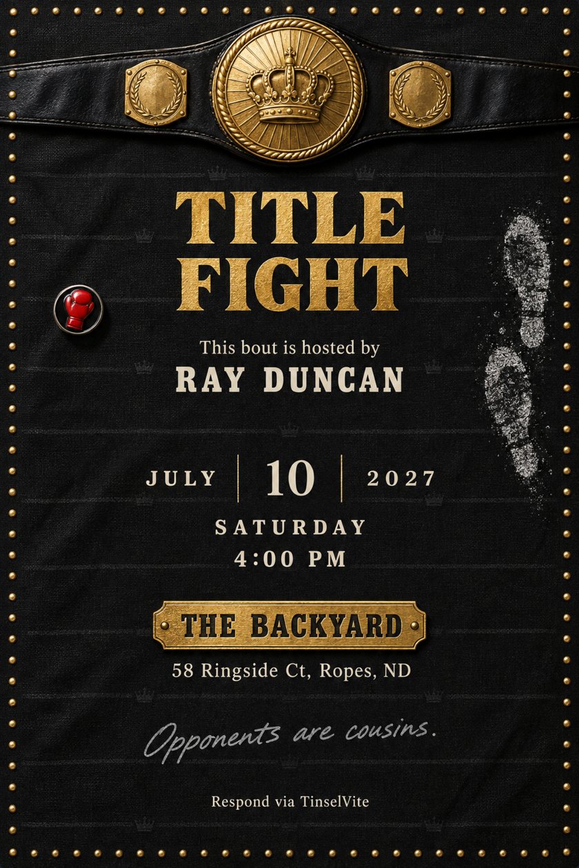Dad's night out invitation: Black canvas card edged in gold studs, a championship belt with a crown crest across the top, a red glove pin and white footprints. Gold capitals read TITLE FIGHT, with the date and venue below.