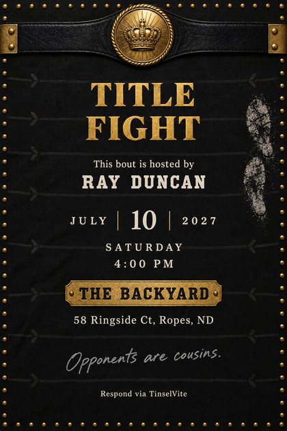 Black ring-canvas card edged in gold studs, a leather championship belt with crown medallion across the top, white rosin footprints at right. Gold capitals read TITLE FIGHT, date and venue below.