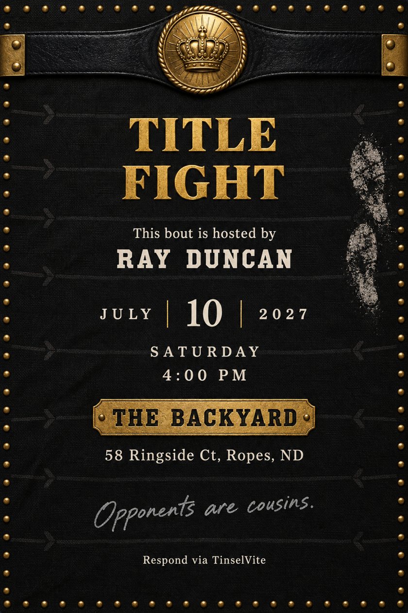 Just because invitation: Black ring-canvas card edged in gold studs, a leather championship belt with crown medallion across the top, white rosin footprints at right. Gold capitals read TITLE FIGHT, date and venue below.