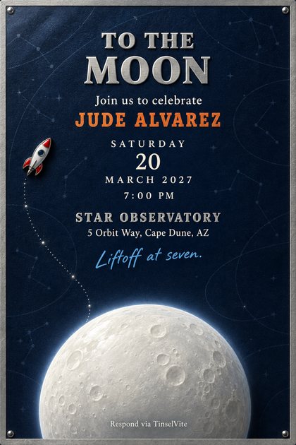 Midnight navy card in a riveted brushed-aluminium frame. Embossed silver capitals read TO THE MOON above a name in orange, with the date and venue below. A small rocket pin trails dots toward a full moon rising from the bottom edge.