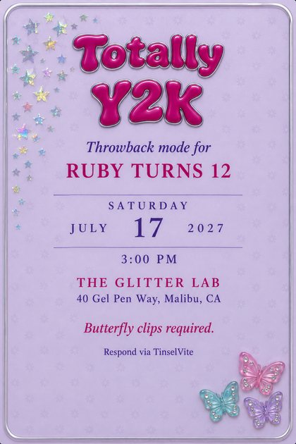 Y2K birthday invitation on frosted lilac acrylic: magenta bubble letters reading Totally Y2K, holographic stars top left, rhinestone butterflies bottom right, date and venue below.