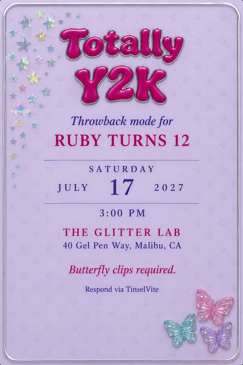 Y2K birthday invitation on frosted lilac acrylic: magenta bubble letters reading Totally Y2K, holographic stars top left, rhinestone butterflies bottom right, date and venue below.