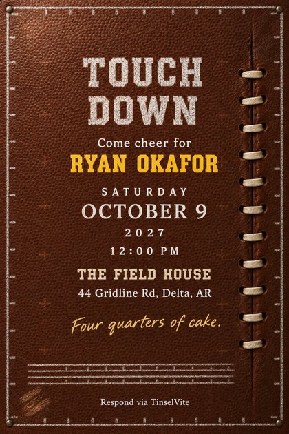 Brown pebbled football leather card with a white chalk yard-line border and a laced seam down the right side. Large white stencil type reads TOUCH DOWN above a yellow name, with the date and venue below.