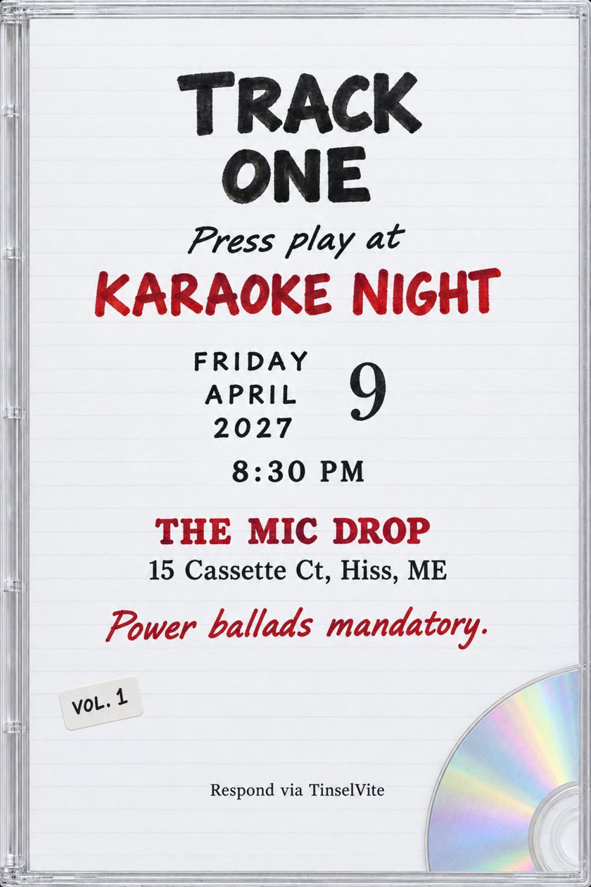 Just because invitation: Karaoke night invitation styled as a handwritten mix CD insert in a clear jewel case, with a rainbow disc in the corner and black and red marker lettering reading Track One.
