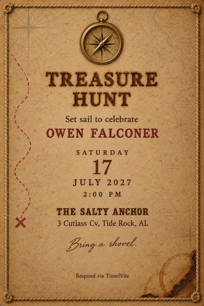 Tea-stained chart paper in a knotted rope border. A brass compass at the top, a red dotted route to an X at the left, a scorched corner. Burnt type reads TREASURE HUNT, with the date and venue below.