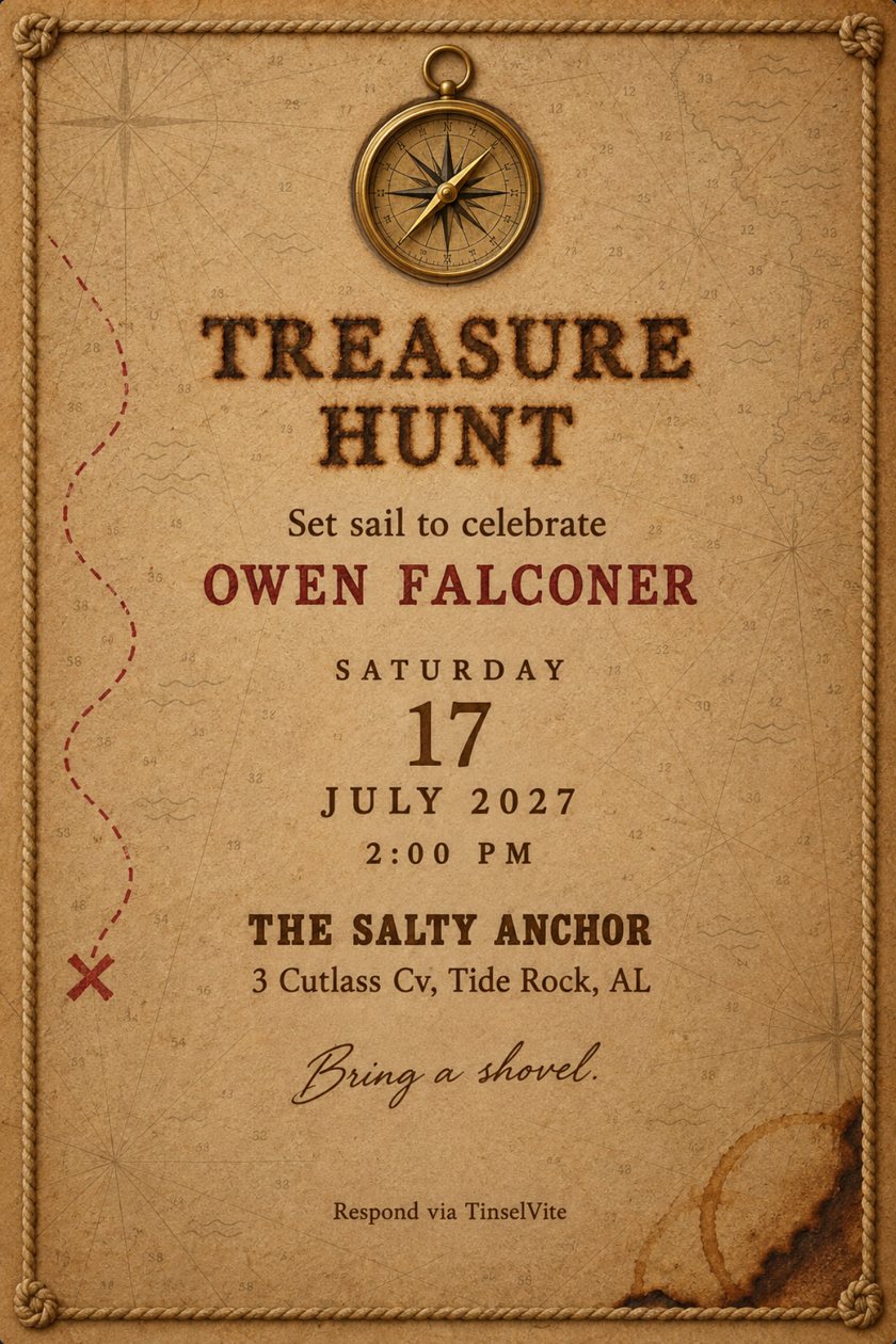 Birthday invitation: Tea-stained chart paper in a knotted rope border. A brass compass at the top, a red dotted route to an X at the left, a scorched corner. Burnt type reads TREASURE HUNT, with the date and venue below.