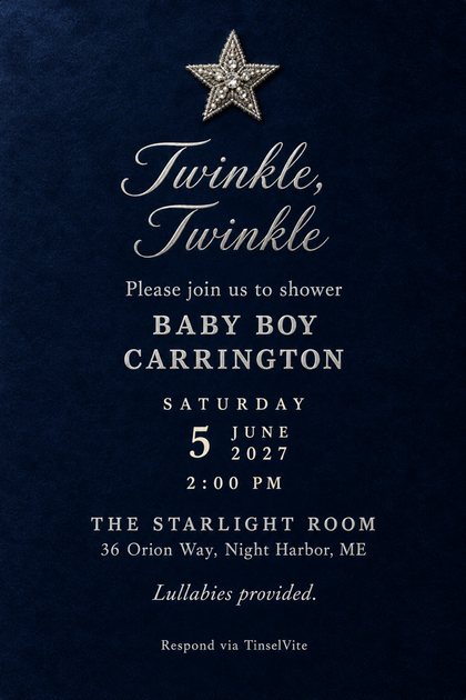 Navy velvet card with a silver beaded and rhinestone star at the top, silver script reading Twinkle, Twinkle above BABY BOY CARRINGTON in silver capitals, with the date and venue below.