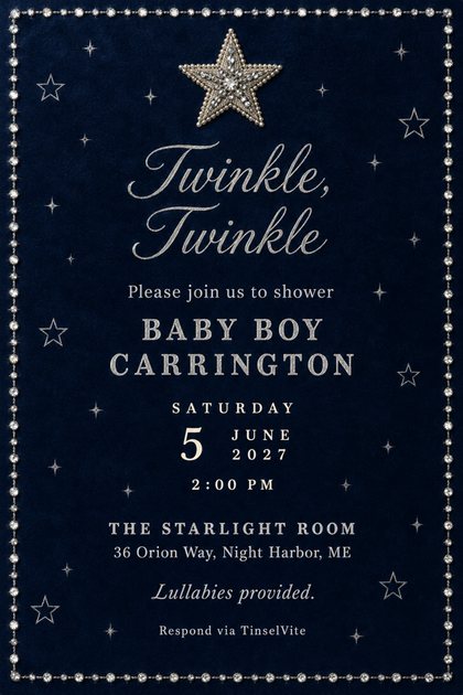 Navy velvet card scattered with small silver stars, a beaded silver star at the top and a clear gem border. Silver script reads Twinkle, Twinkle above BABY BOY CARRINGTON, with the date and venue below.