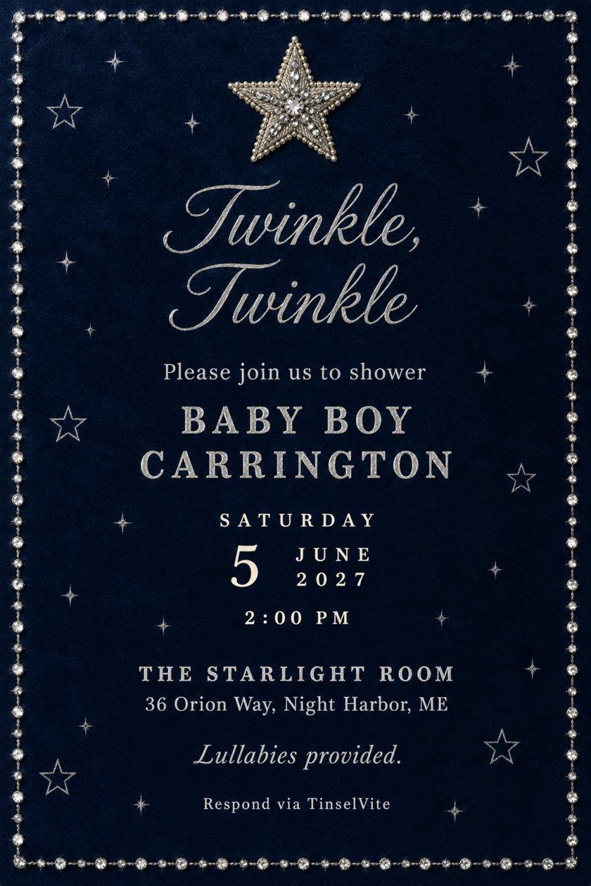 Navy velvet card scattered with small silver stars, a beaded silver star at the top and a clear gem border. Silver script reads Twinkle, Twinkle above BABY BOY CARRINGTON, with the date and venue below.
