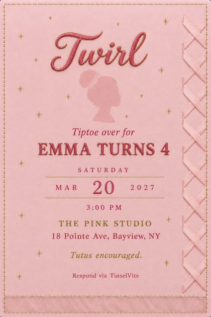 Pink satin birthday invitation with gold stitching, a faint girl's ballet bun silhouette, pointe ribbons down the right and Twirl in rose script, with the date and venue below.
