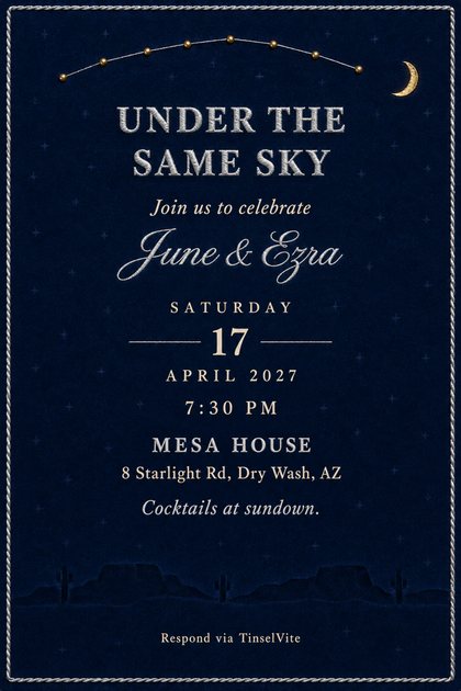Engagement invitation on navy velvet with a gold stud constellation, gold crescent moon, silver stitched title Under the Same Sky and a debossed mesa ridge, date and venue below.