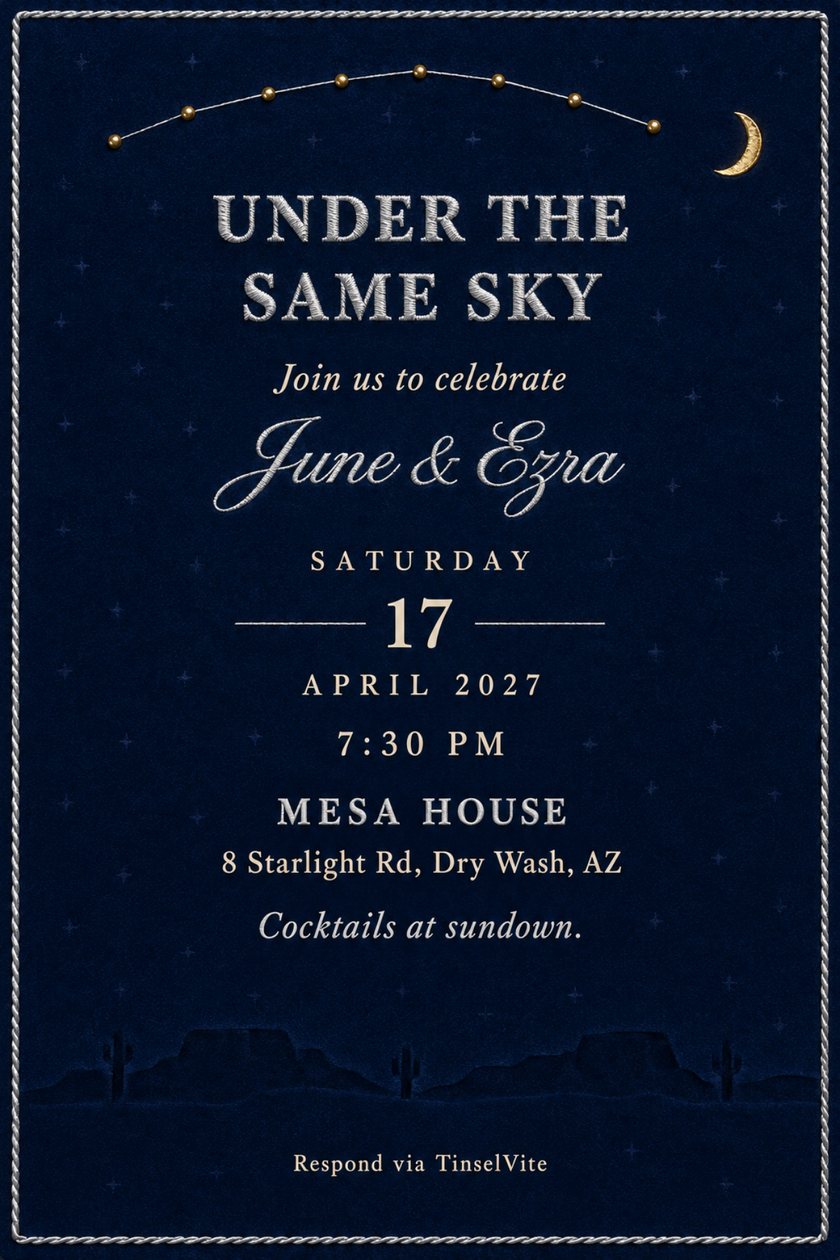 Engagement invitation on navy velvet with a gold stud constellation, gold crescent moon, silver stitched title Under the Same Sky and a debossed mesa ridge, date and venue below.