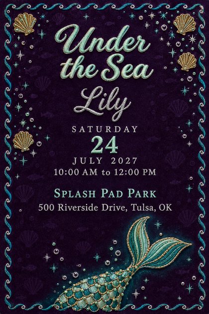 Under the Sea birthday invitation: embroidered mermaid tail and gold seashells on dark purple velvet, teal wave border, mint script title, with the date and venue below.