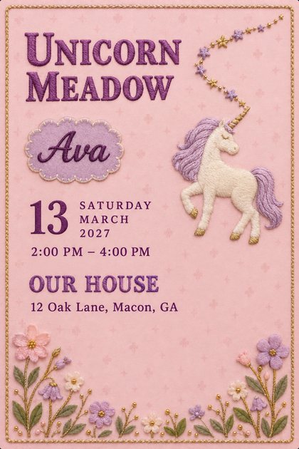 Pink birthday invitation with an embroidered white unicorn with a lilac mane and gold horn, a lilac cloud patch, a wildflower border and the title Unicorn Meadow, with the date and venue below.