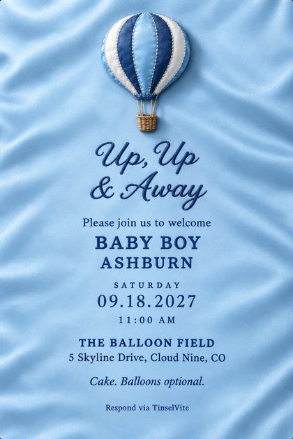 Sky-blue satin card with a navy, white and pale blue stitched hot-air balloon and wicker basket at the top, navy script reading Up, Up & Away, then BABY BOY ASHBURN with the date and venue below.