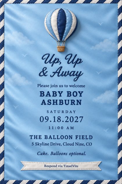 Sky-blue satin card with a stitched hot-air balloon in navy, white and blue at the top, navy script reading Up, Up & Away above BABY BOY ASHBURN, with the date and venue below. Striped navy border.