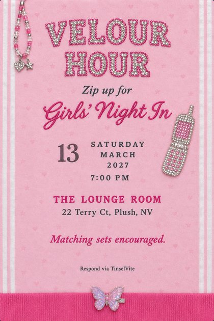 Pink velour girls night in invitation with rhinestone VELOUR HOUR lettering, a beaded phone strap, a jeweled flip phone and a butterfly clip, with the date and venue below.