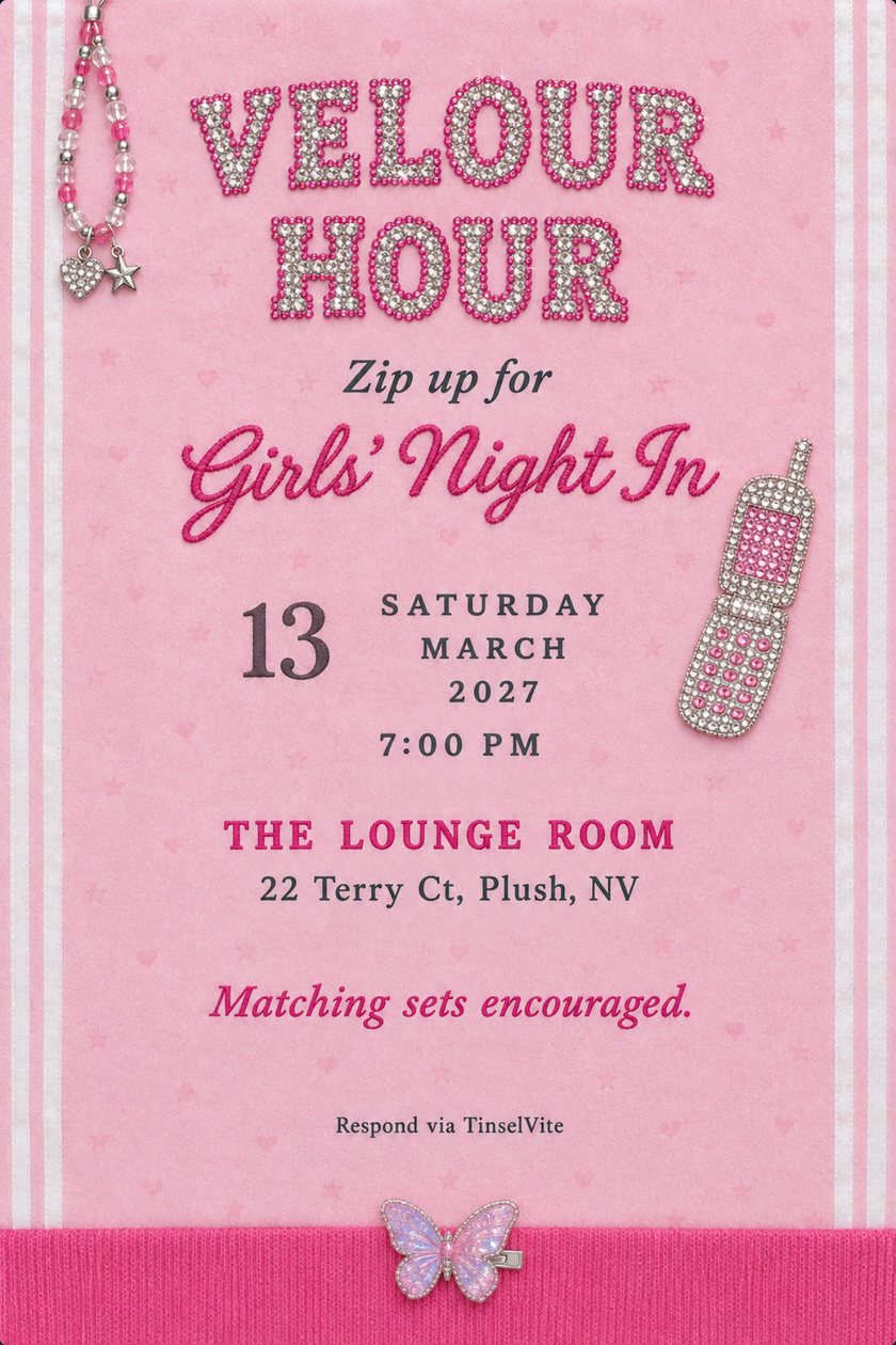 Mom's night out invitation: Pink velour girls night in invitation with rhinestone VELOUR HOUR lettering, a beaded phone strap, a jeweled flip phone and a butterfly clip, with the date and venue below.