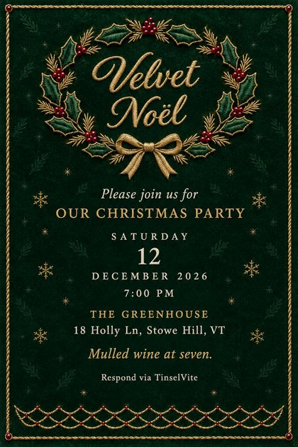Christmas party invitation on deep green velvet with a gold embroidered holly wreath, red beaded berries and a bow around the title Velvet Noël, with the date and venue below.