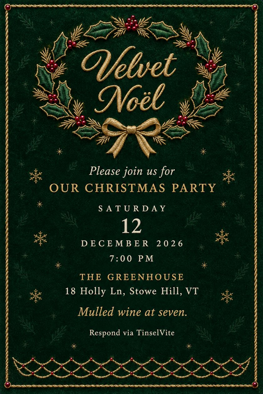 Holiday party invitation: Christmas party invitation on deep green velvet with a gold embroidered holly wreath, red beaded berries and a bow around the title Velvet Noël, with the date and venue below.