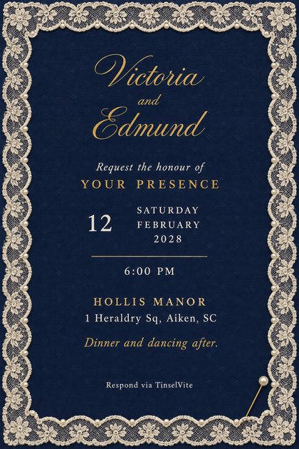 Wedding invitation on navy cotton faille with a deep ivory lace border, pearls, a gold pearl-headed stickpin, gold script names and the date and venue below.