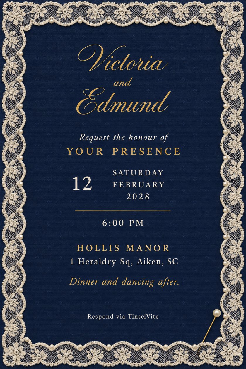 Wedding invitation on navy cotton faille with a deep ivory lace border, pearls, a gold pearl-headed stickpin, gold script names and the date and venue below.