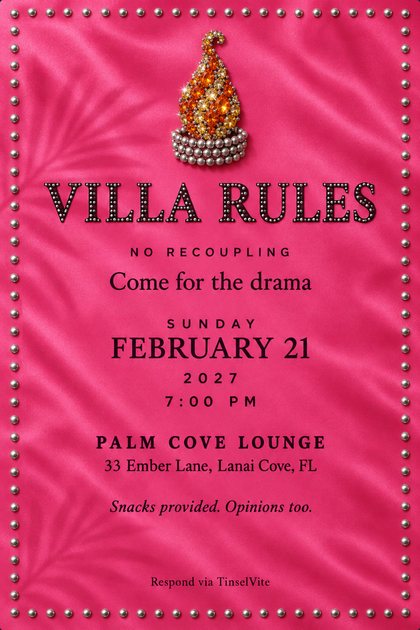 Hot pink satin card bordered with silver studs. A rhinestone flame in amber and orange rises from a ring of silver beads above studded capitals reading VILLA RULES, with the date and venue below.