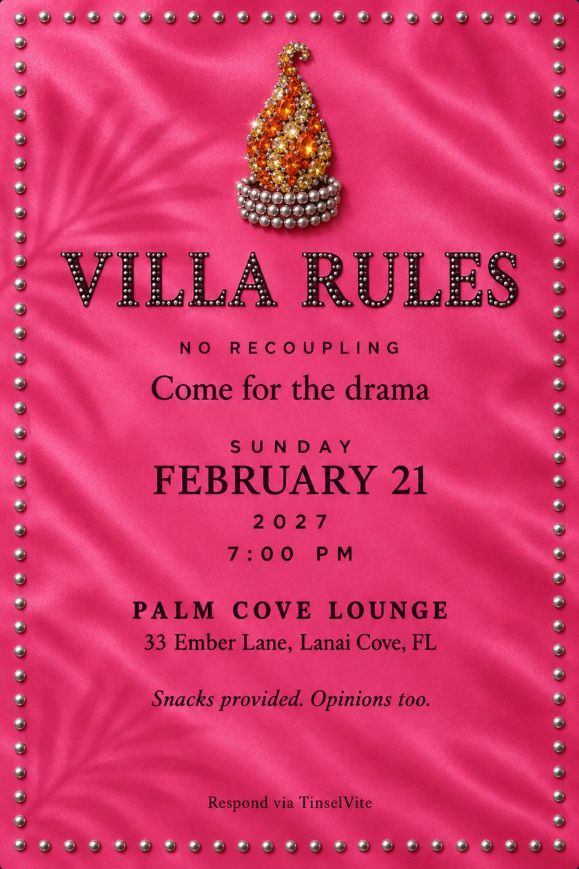 Watch party invitation: Hot pink satin card bordered with silver studs. A rhinestone flame in amber and orange rises from a ring of silver beads above studded capitals reading VILLA RULES, with the date and venue below.
