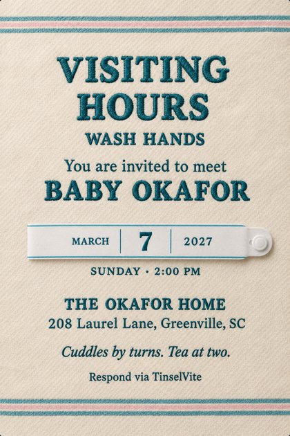 Cream wool blanket with teal and pink stripes. Embroidered teal text: Visiting Hours, Wash Hands, Baby Okafor, then a white hospital wristband reading March 7 2027, with time and address.