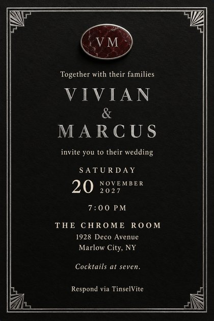Matte black card with a silver Art Deco border and fan corners, an oxblood marble oval engraved VM at the top, and large chrome letters reading VIVIAN & MARCUS, with the date and venue below.
