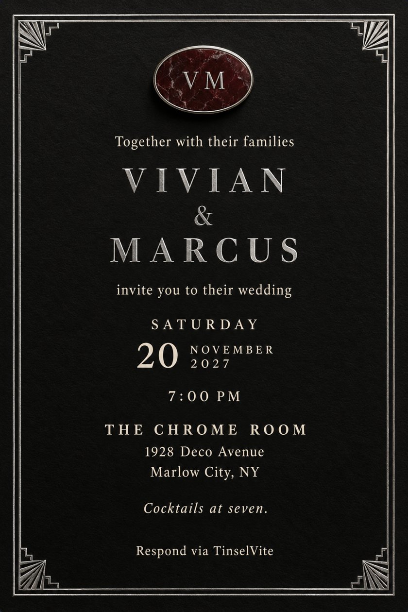 Wedding invitation: Matte black card with a silver Art Deco border and fan corners, an oxblood marble oval engraved VM at the top, and large chrome letters reading VIVIAN & MARCUS, with the date and venue below.