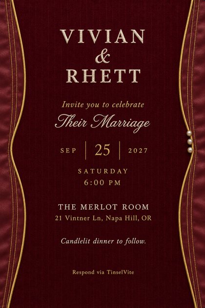 Wedding invitation on deep merlot velvet with gold-piped curved side seams, three pearl buttons, and ivory stitched names at the top, with the date and venue below.
