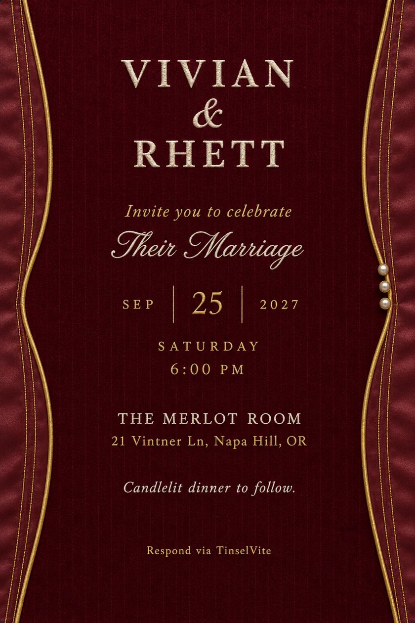 Wedding invitation on deep merlot velvet with gold-piped curved side seams, three pearl buttons, and ivory stitched names at the top, with the date and venue below.