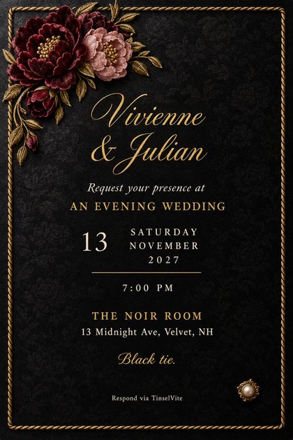 Black evening wedding invitation with burgundy and blush velvet peonies in the top corner, a gold rope border, gold script names and a pearl brooch, with the date and venue below.