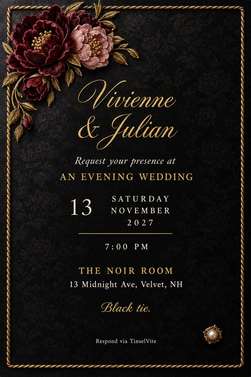 Black evening wedding invitation with burgundy and blush velvet peonies in the top corner, a gold rope border, gold script names and a pearl brooch, with the date and venue below.