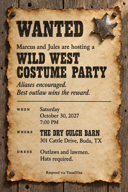 Scorched cream parchment poster nailed at the corners to grey barn wood, with a dented tin sheriff's star pinned at top right. Heavy black slab lettering reads WANTED, with the date and venue below.