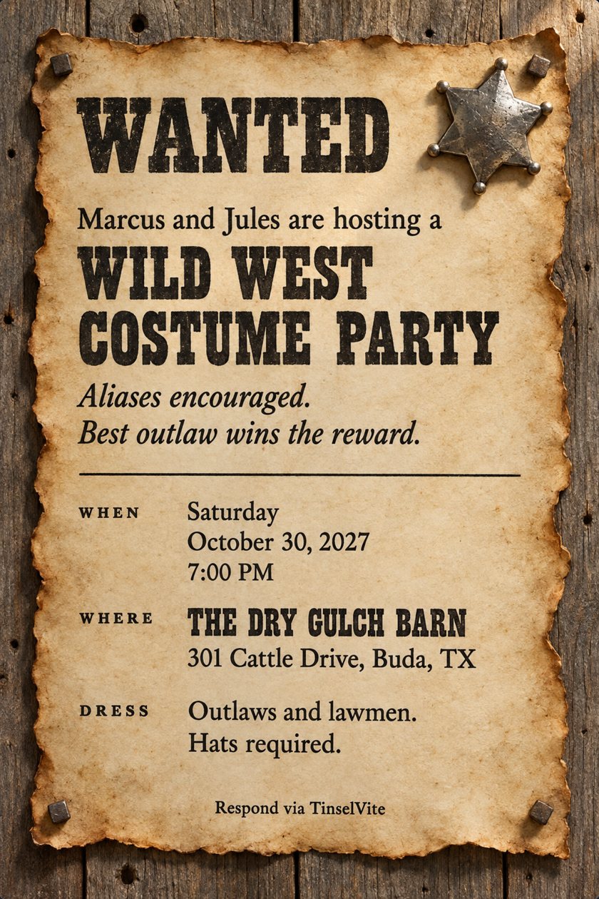 Just because invitation: Scorched cream parchment poster nailed at the corners to grey barn wood, with a dented tin sheriff's star pinned at top right. Heavy black slab lettering reads WANTED, with the date and venue below.