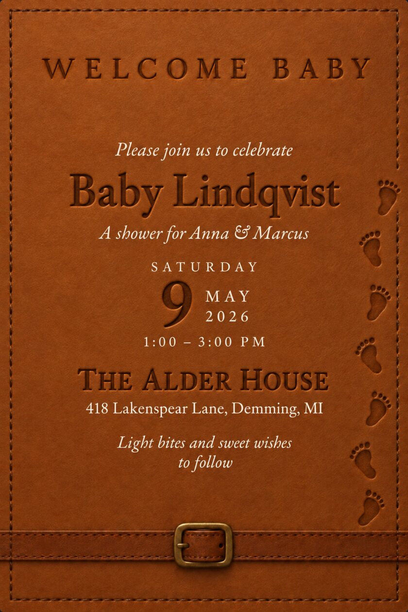 Baby shower invitation: Cognac leather card with saddle stitching, a flat strap and small antique brass buckle across the bottom, six baby footprints debossed up the right edge, and WELCOME BABY branded in serif capitals at the top.
