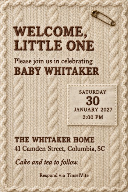 Cream cable-knit card with a scalloped crochet edge, a brass safety pin at top right and a stitched linen label with the date. Embroidered brown text: WELCOME, LITTLE ONE.
