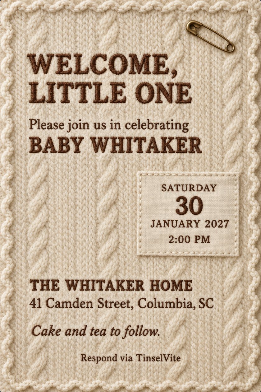 Cream cable-knit card with a scalloped crochet edge, a brass safety pin at top right and a stitched linen label with the date. Embroidered brown text: WELCOME, LITTLE ONE.