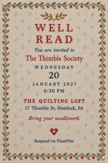 Book club invitation on oatmeal linen with a cross-stitched vine and strawberry border, a gold laurel sprig above the red stitched title WELL READ, and the date and venue below.